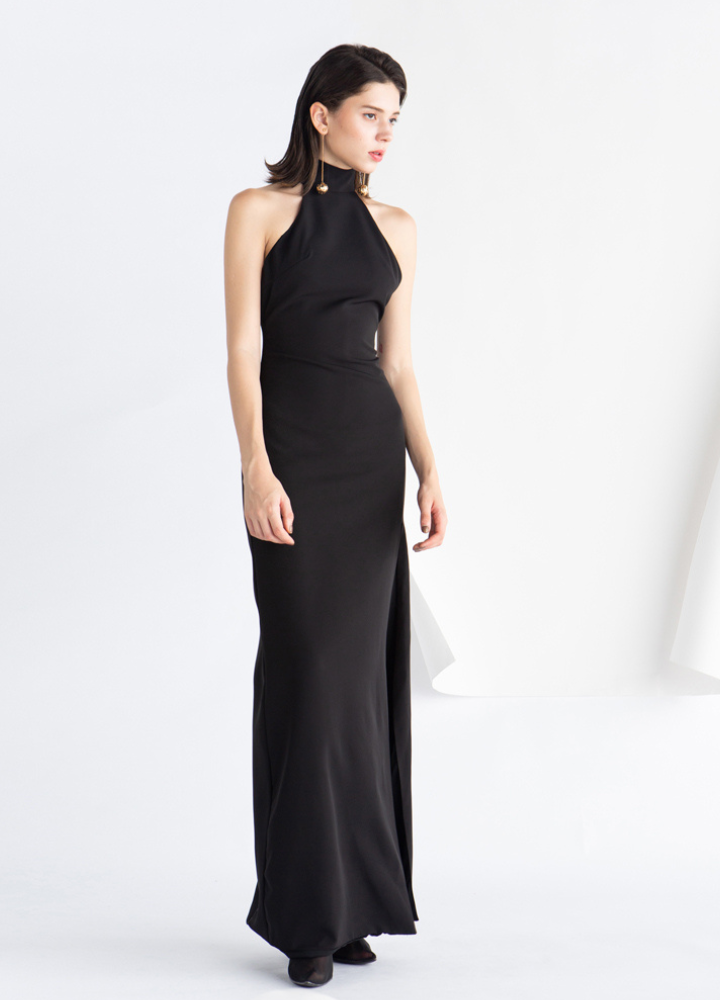 Woman Black Halter Neck Sleeveless Long Dress CDR069