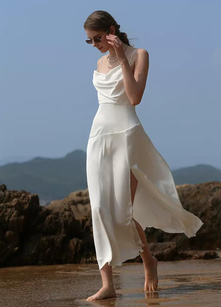 Woman Satin White Backless Camisole Long Dress CDR091