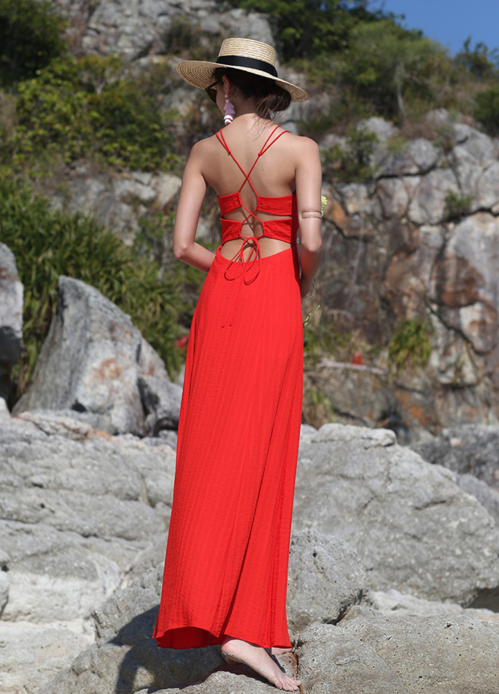 Woman Red Back Cut Lace up Flare Long Dress CDR105