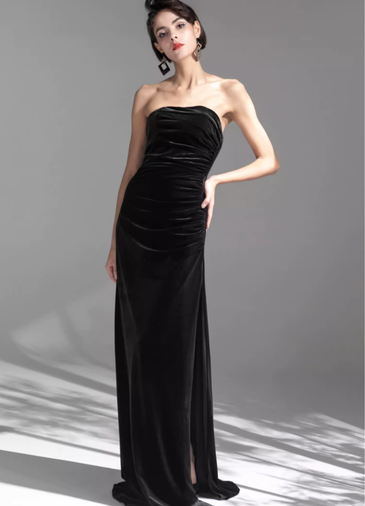 Woman Black Velour Classical Tube Top Long Dress CDR107