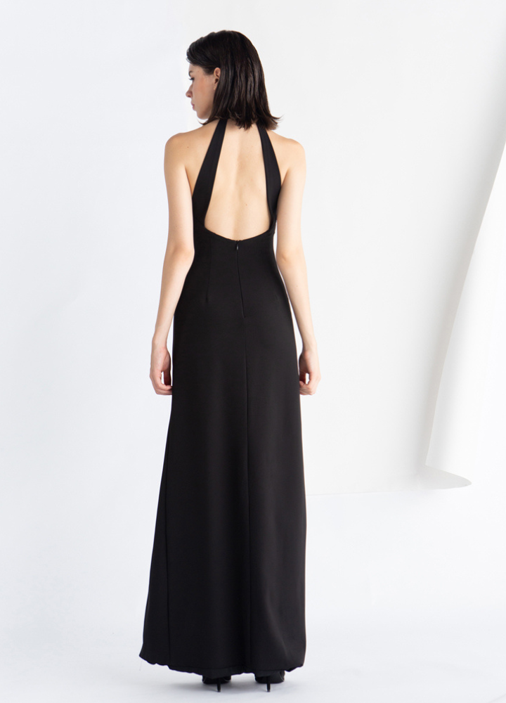 Woman Black Halter Neck Sleeveless Long Dress CDR069