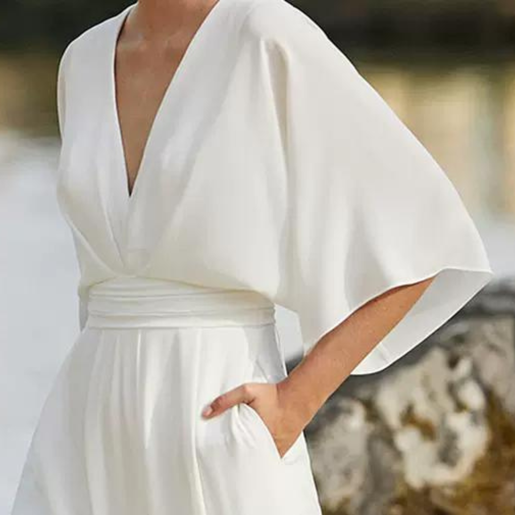 Woman VNeck Flare sleeve White Jumpsuit CDR071