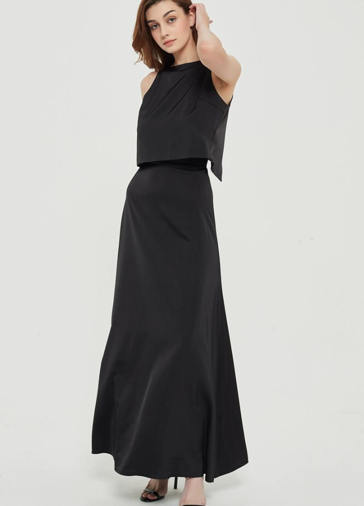 Woman Back Open No Sleeve High Waist Long Dress CDR083