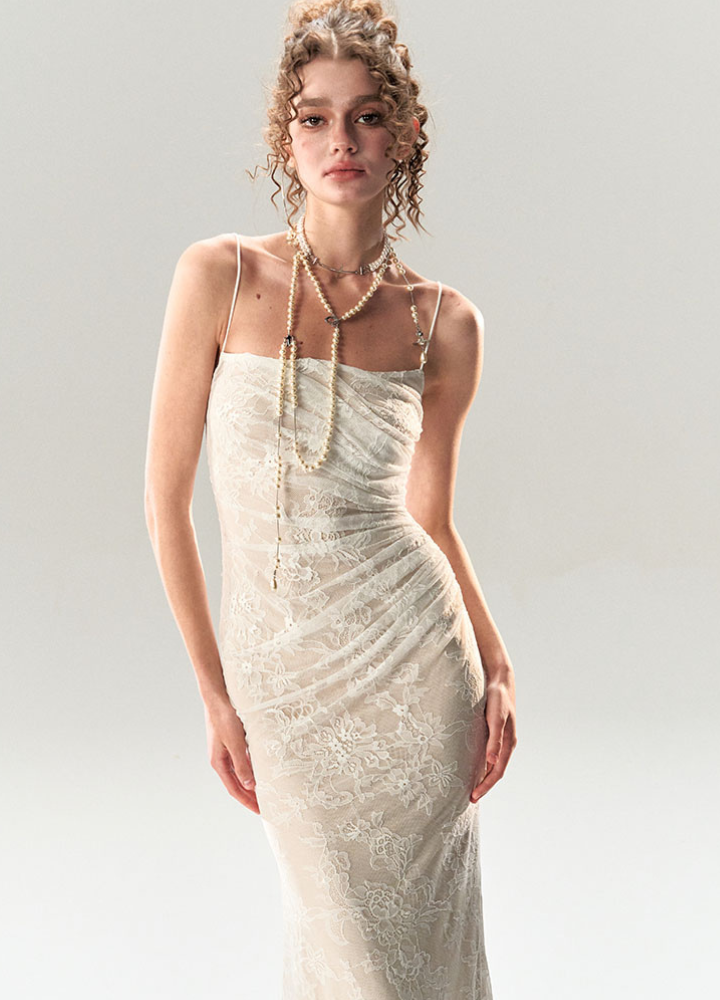 Woman White Sheer Lace Camisole Slim Long Dress CDR085