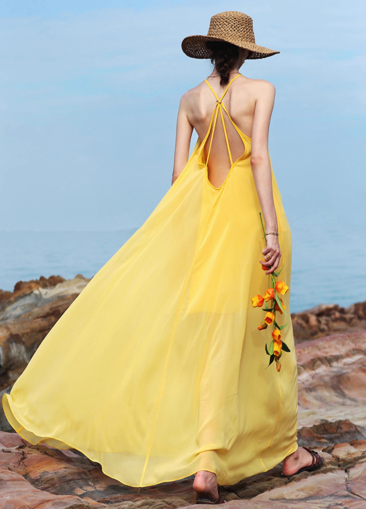 Woman Yellow Crossback Halter Neck Chiffon Dress CDR092