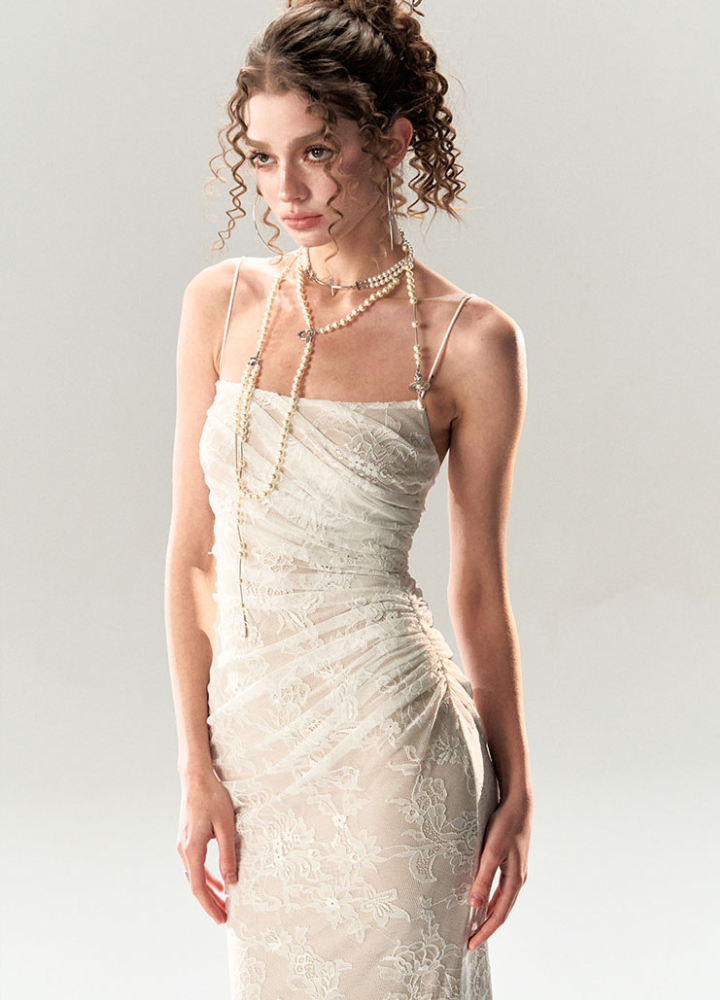 Woman White Sheer Lace Camisole Slim Long Dress CDR085