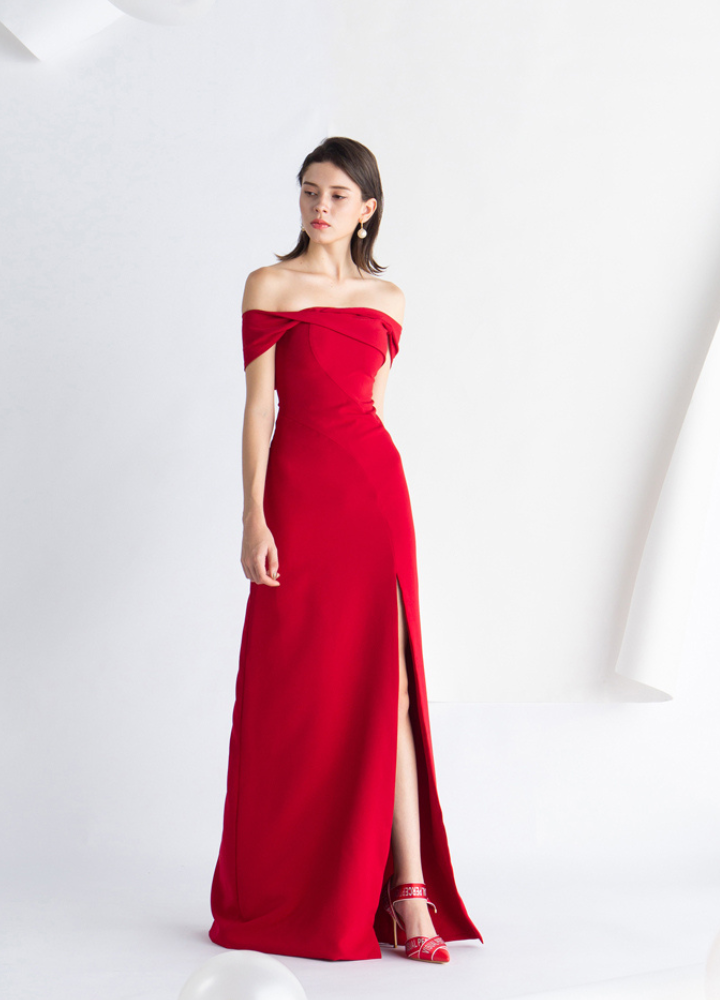 Woman Red Off Shoulder A-line Maxi Party Dress CDR070