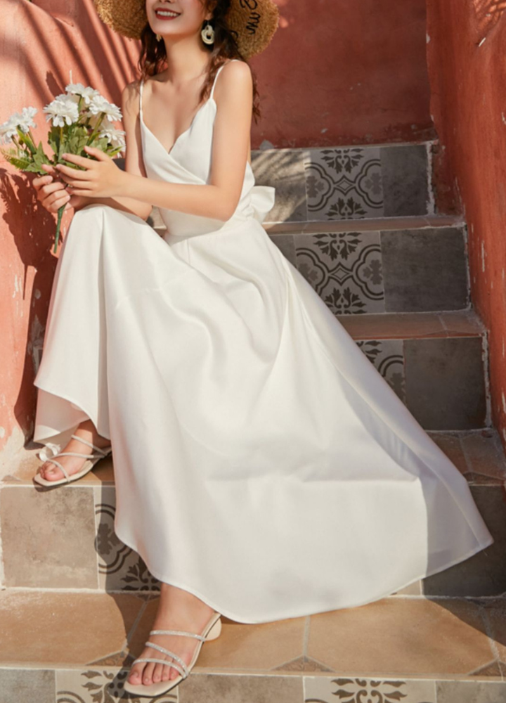 Woman Backless Waist Ribbon Camisole Flare Long Dress CDR065
