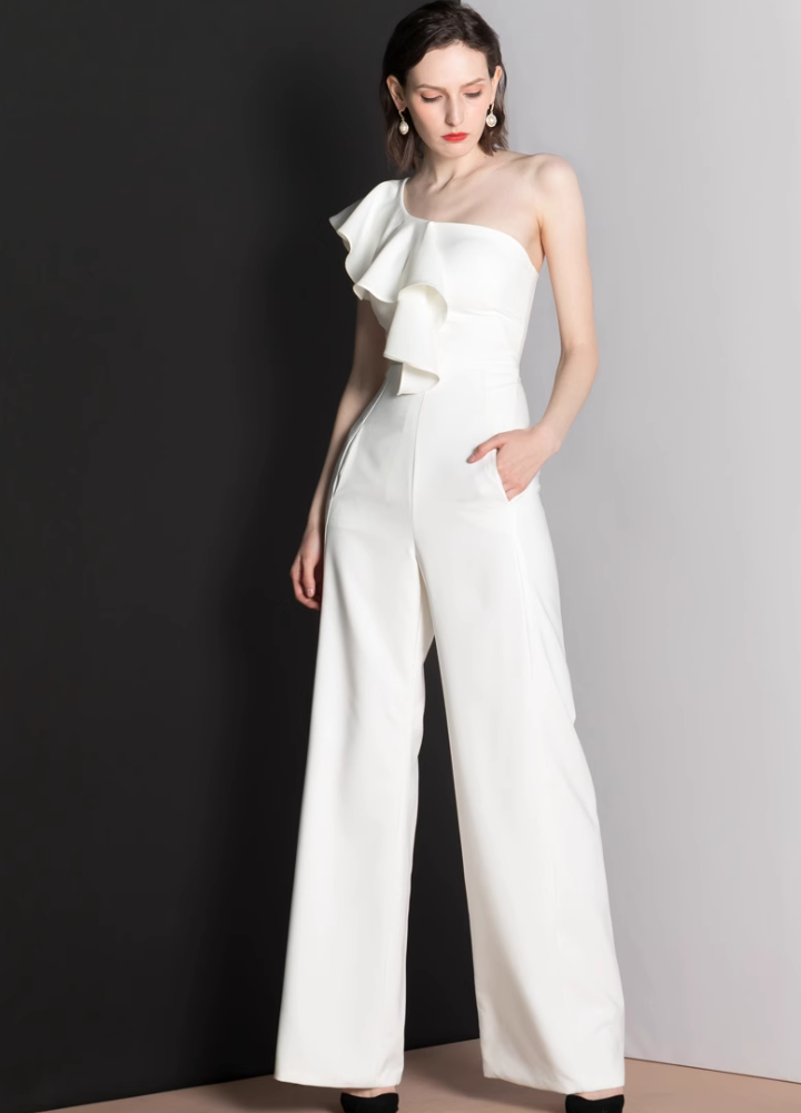 Woman Frills One Shoulder Wide Pants Jumpsuit CDR066