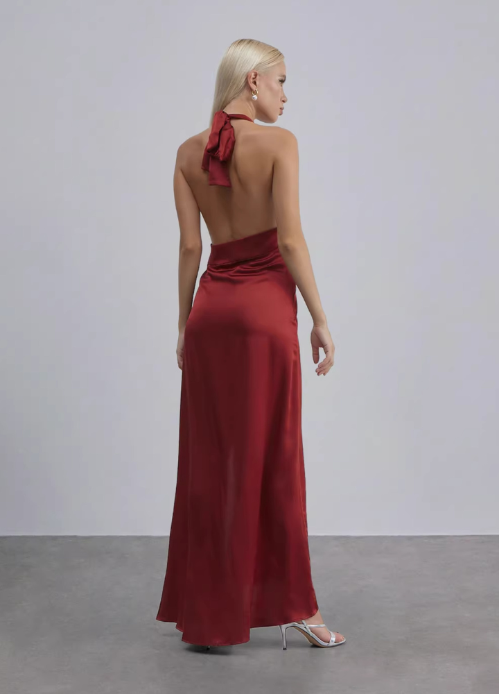 Woman Silk Backless Halter Neck Long Dress CDR033