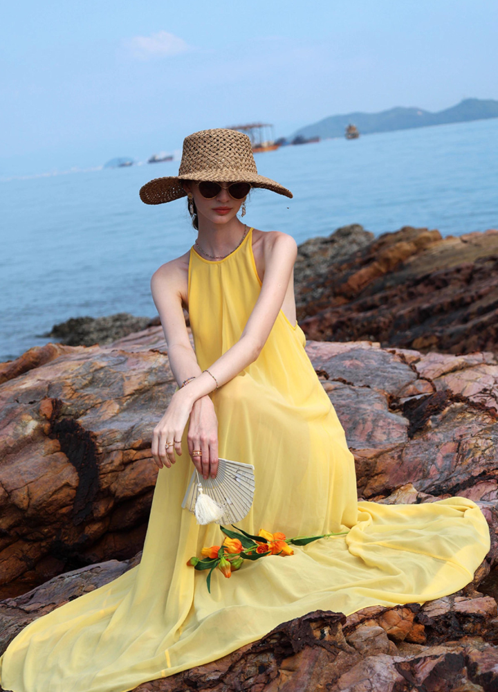 Woman Yellow Crossback Halter Neck Chiffon Dress CDR092