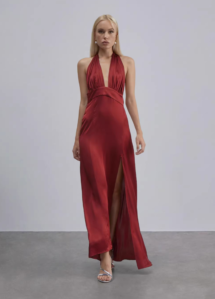 Woman Silk Backless Halter Neck Long Dress CDR033