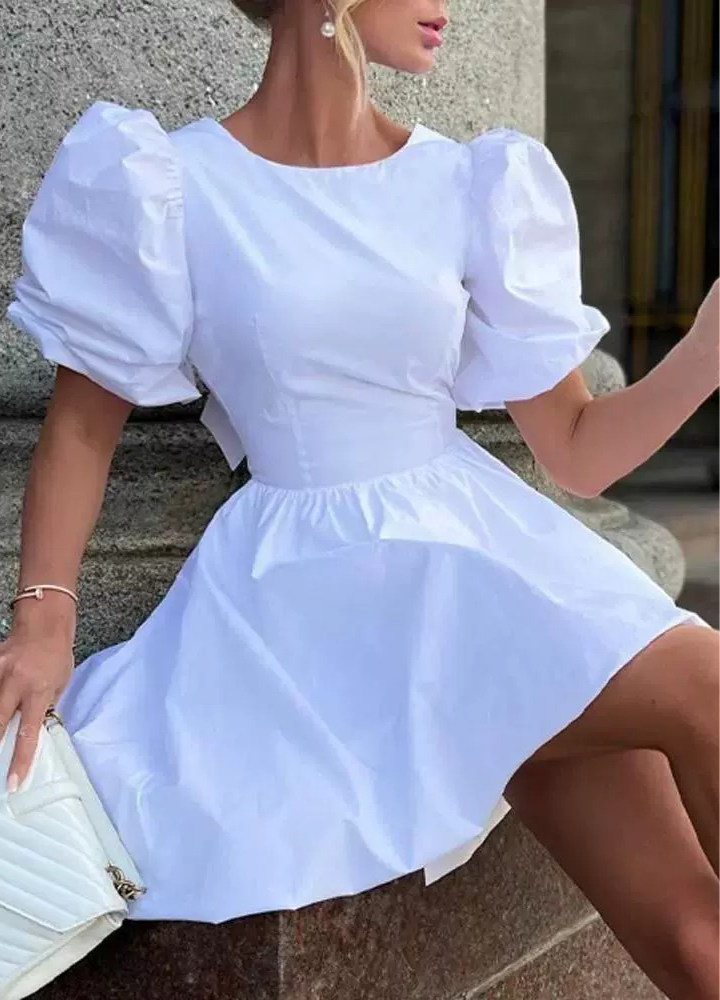Woman Puff Sleeve Back Ribbon Mini Dress CDR008