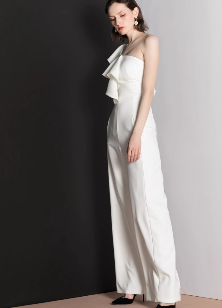 Woman Frills One Shoulder Wide Pants Jumpsuit CDR066