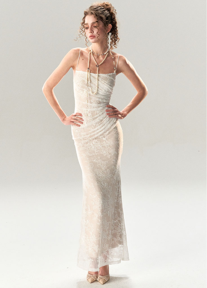 Woman White Sheer Lace Camisole Slim Long Dress CDR085