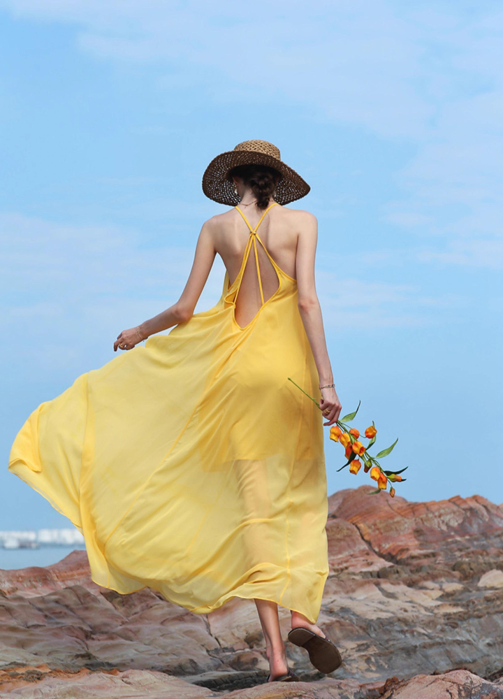 Woman Yellow Crossback Halter Neck Chiffon Dress CDR092