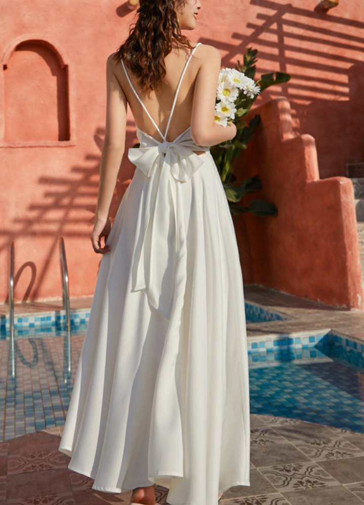 Woman Backless Waist Ribbon Camisole Flare Long Dress CDR065