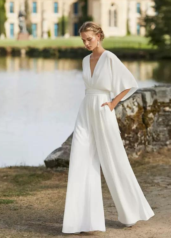 Woman VNeck Flare sleeve White Jumpsuit CDR071