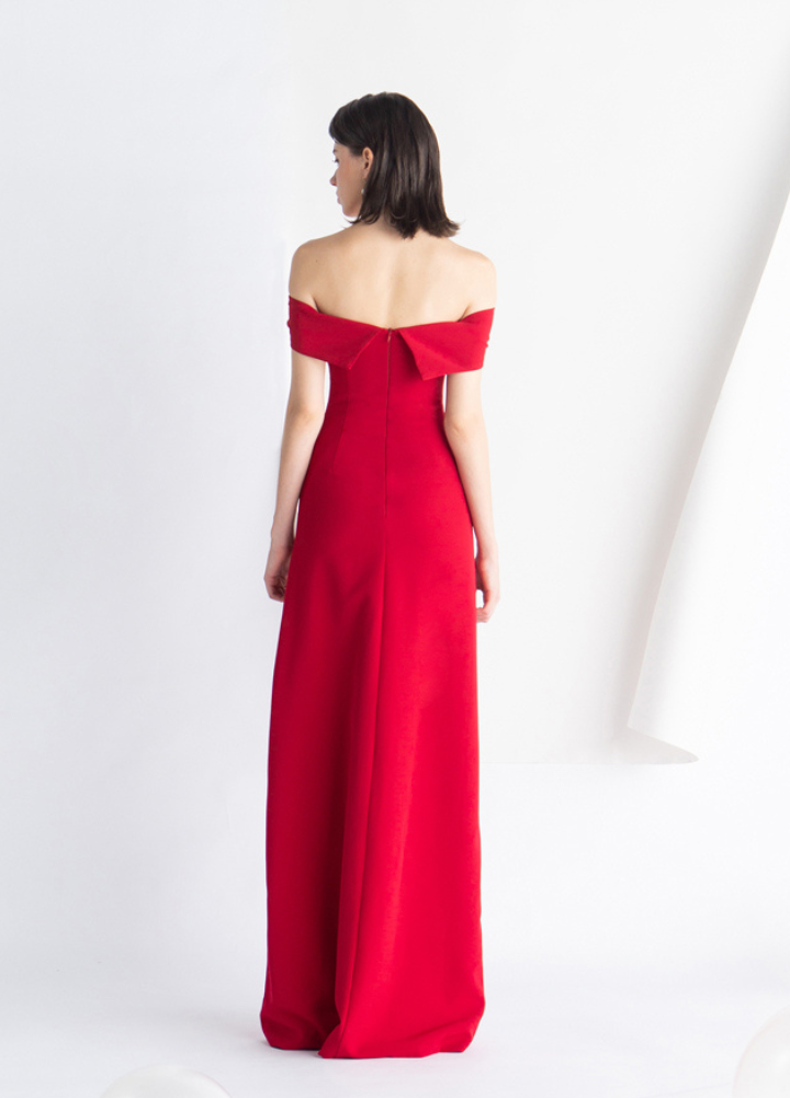 Woman Red Off Shoulder A-line Maxi Party Dress CDR070