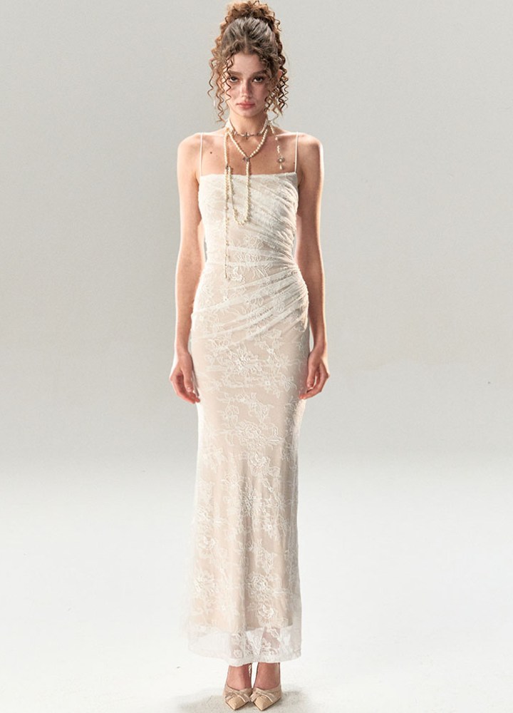 Woman White Sheer Lace Camisole Slim Long Dress CDR085