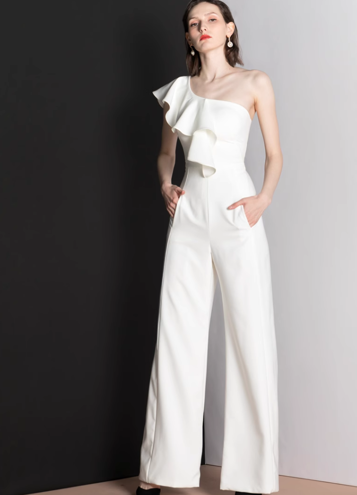 Woman Frills One Shoulder Wide Pants Jumpsuit CDR066