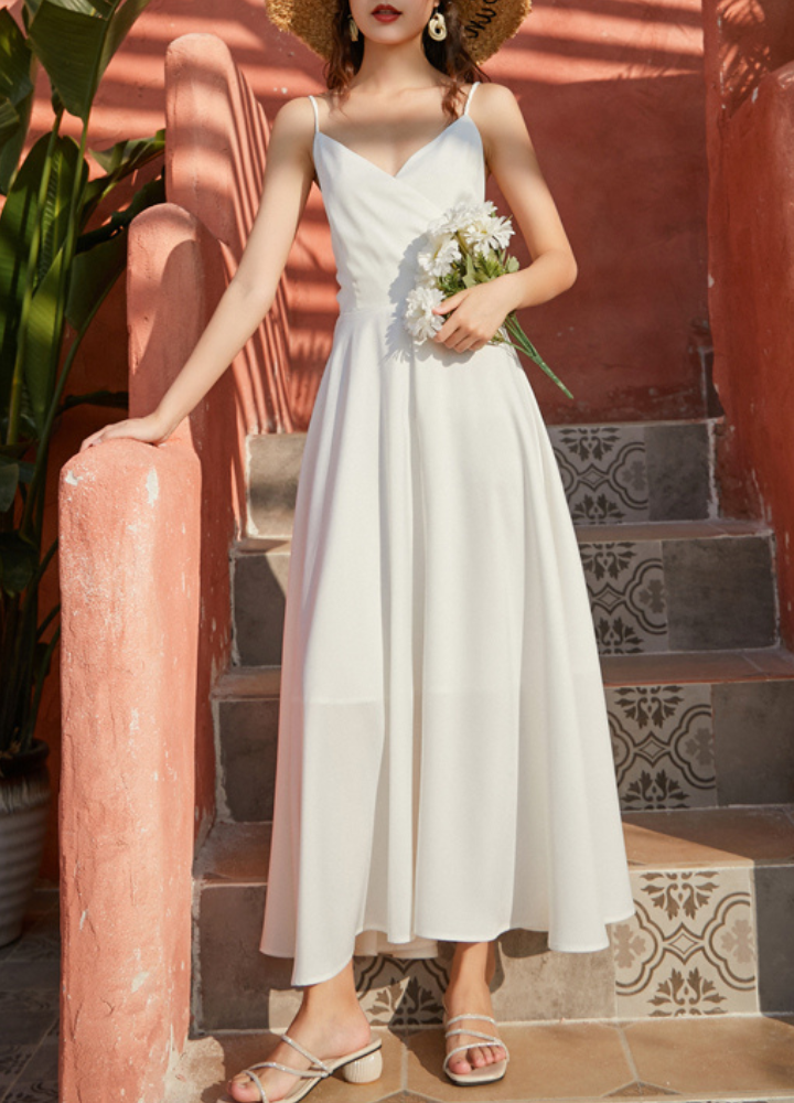 Woman Backless Waist Ribbon Camisole Flare Long Dress CDR065