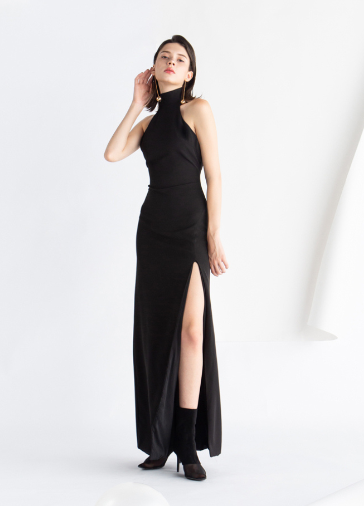 Woman Black Halter Neck Sleeveless Long Dress CDR069