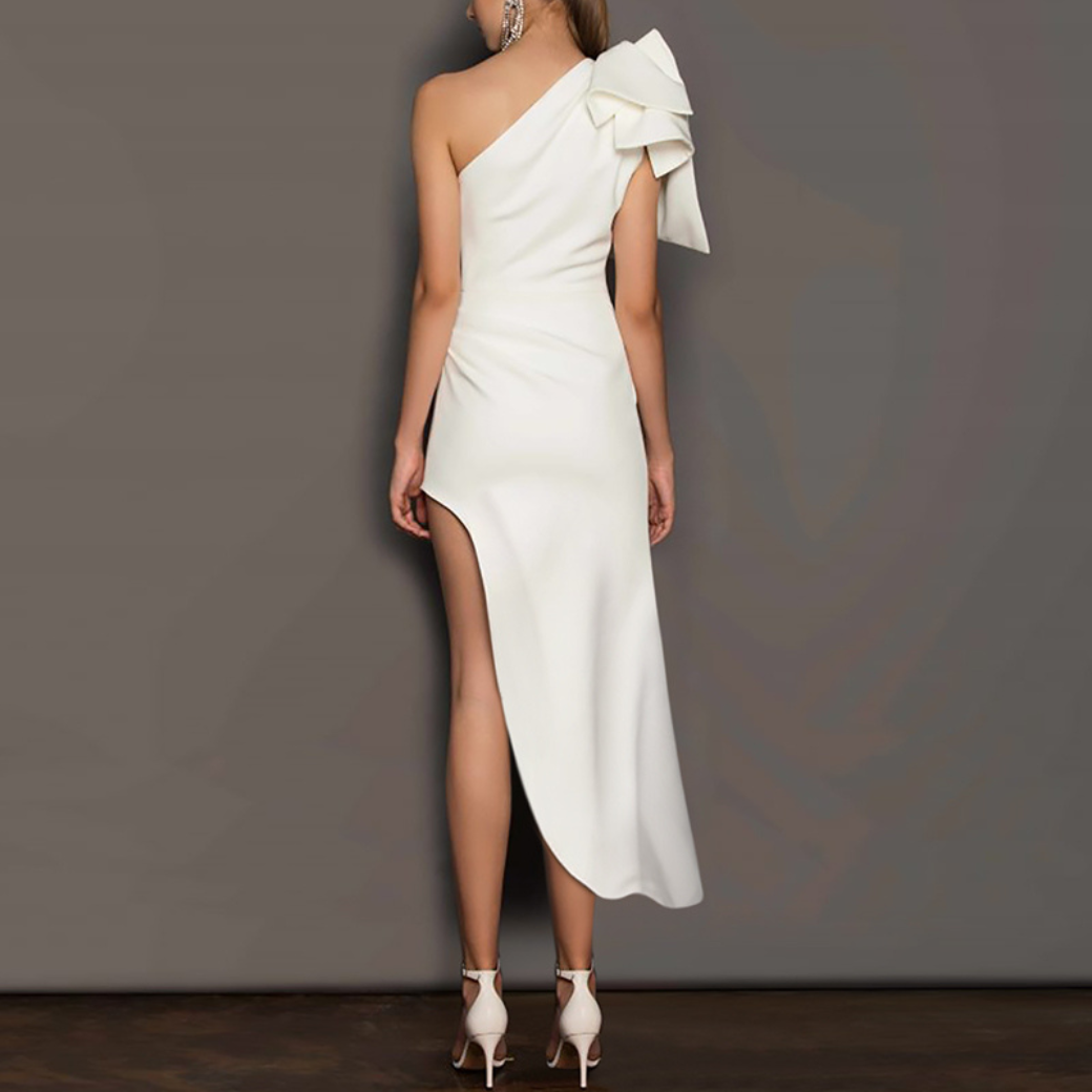 Woman Big ribbon Shoulder Asymmetry Mini Dress CDR051