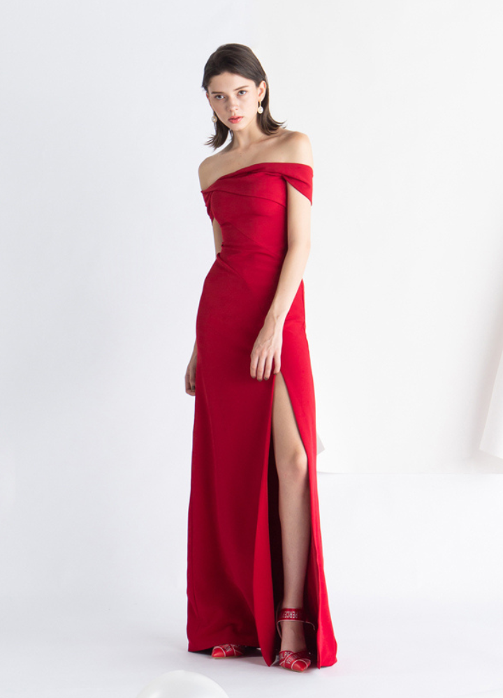 Woman Red Off Shoulder A-line Maxi Party Dress CDR070