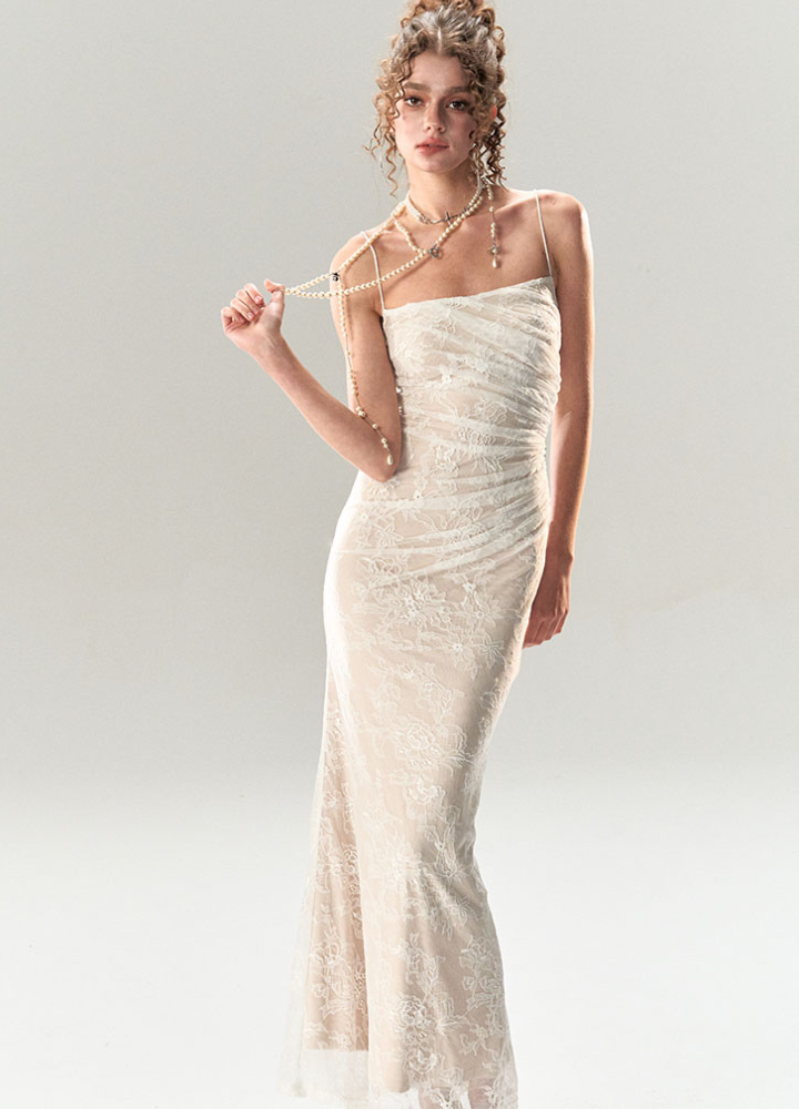 Woman White Sheer Lace Camisole Slim Long Dress CDR085