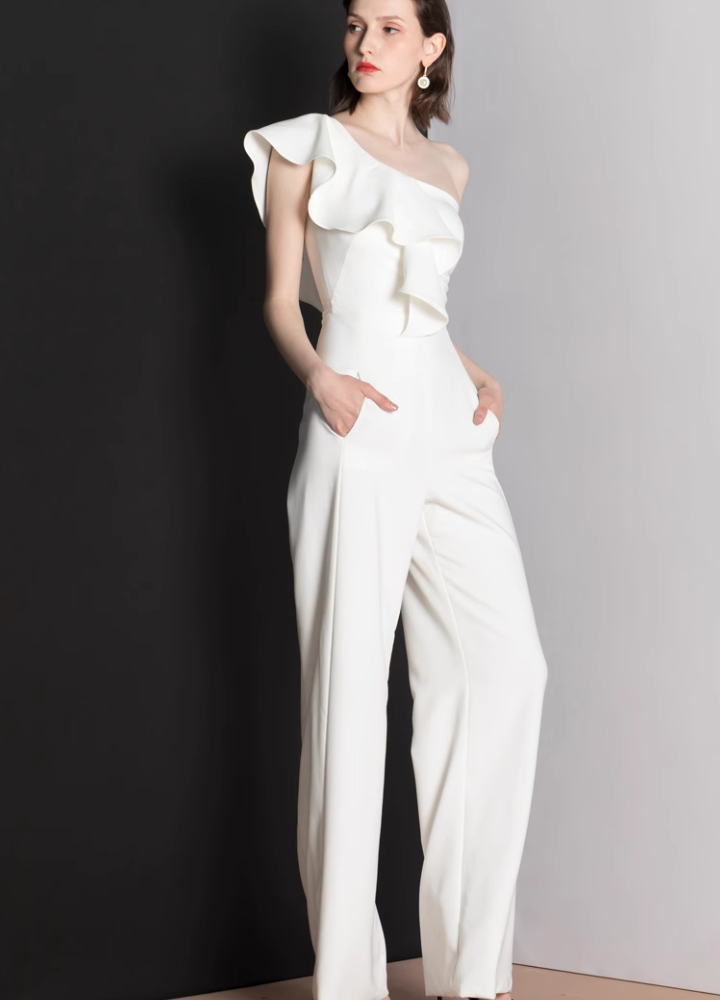 Woman Frills One Shoulder Wide Pants Jumpsuit CDR066