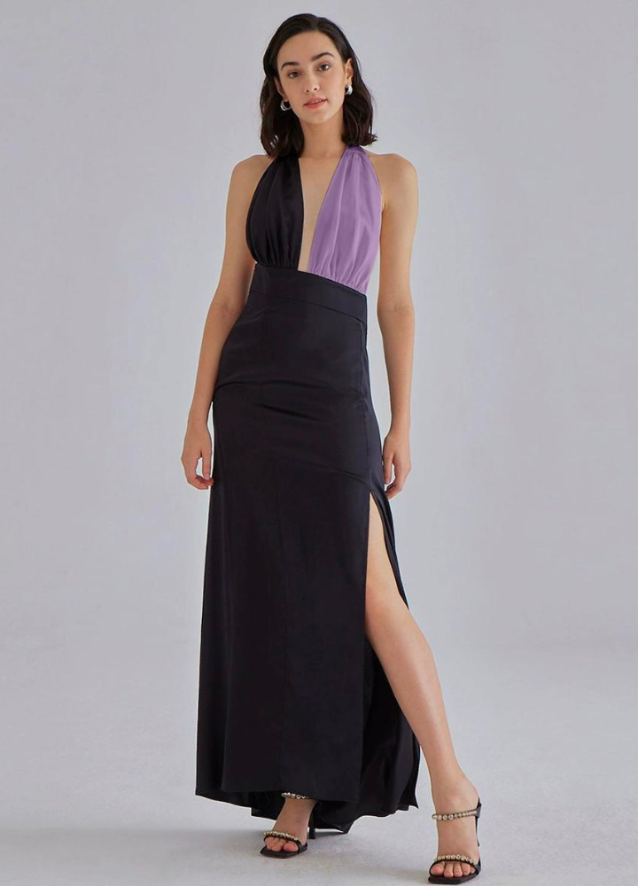 Woman Silk Backless Halter Neck Long Dress CDR033