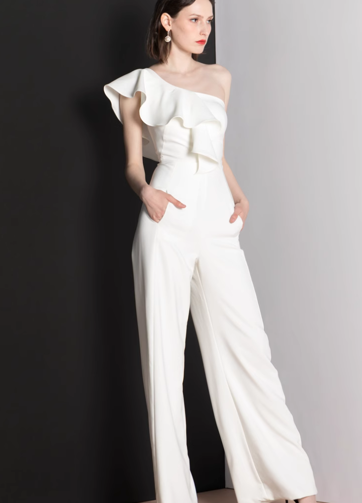 Woman Frills One Shoulder Wide Pants Jumpsuit CDR066