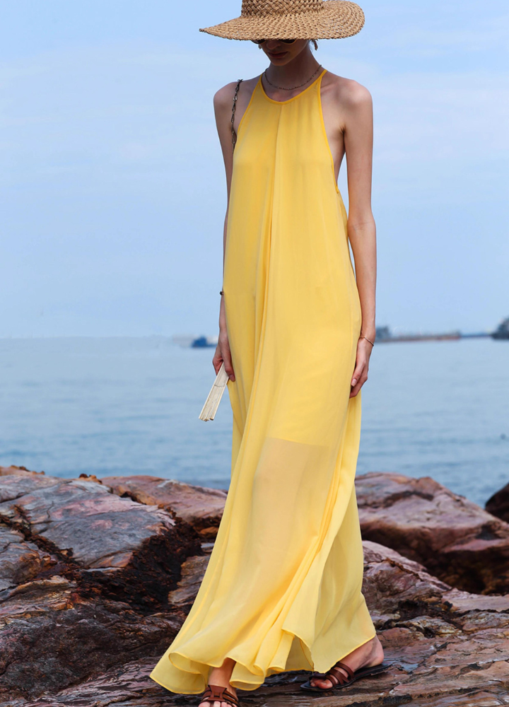 Woman Yellow Crossback Halter Neck Chiffon Dress CDR092