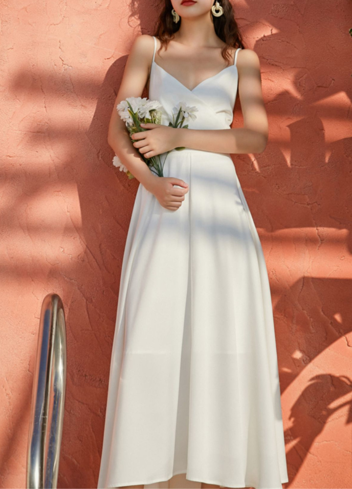 Woman Backless Waist Ribbon Camisole Flare Long Dress CDR065