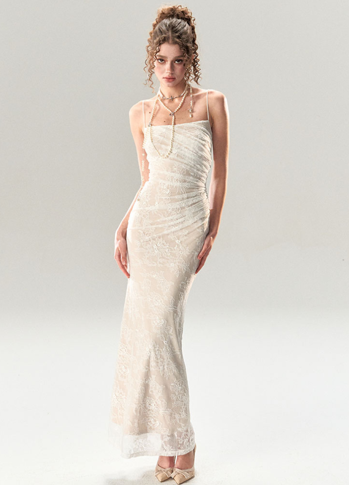 Woman White Sheer Lace Camisole Slim Long Dress CDR085