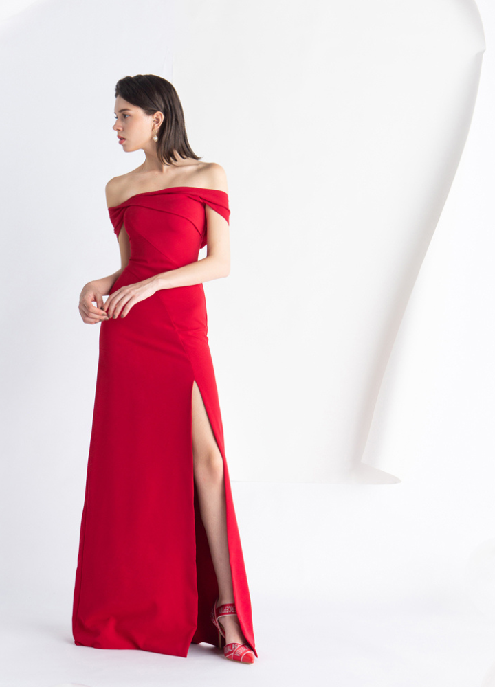 Woman Red Off Shoulder A-line Maxi Party Dress CDR070