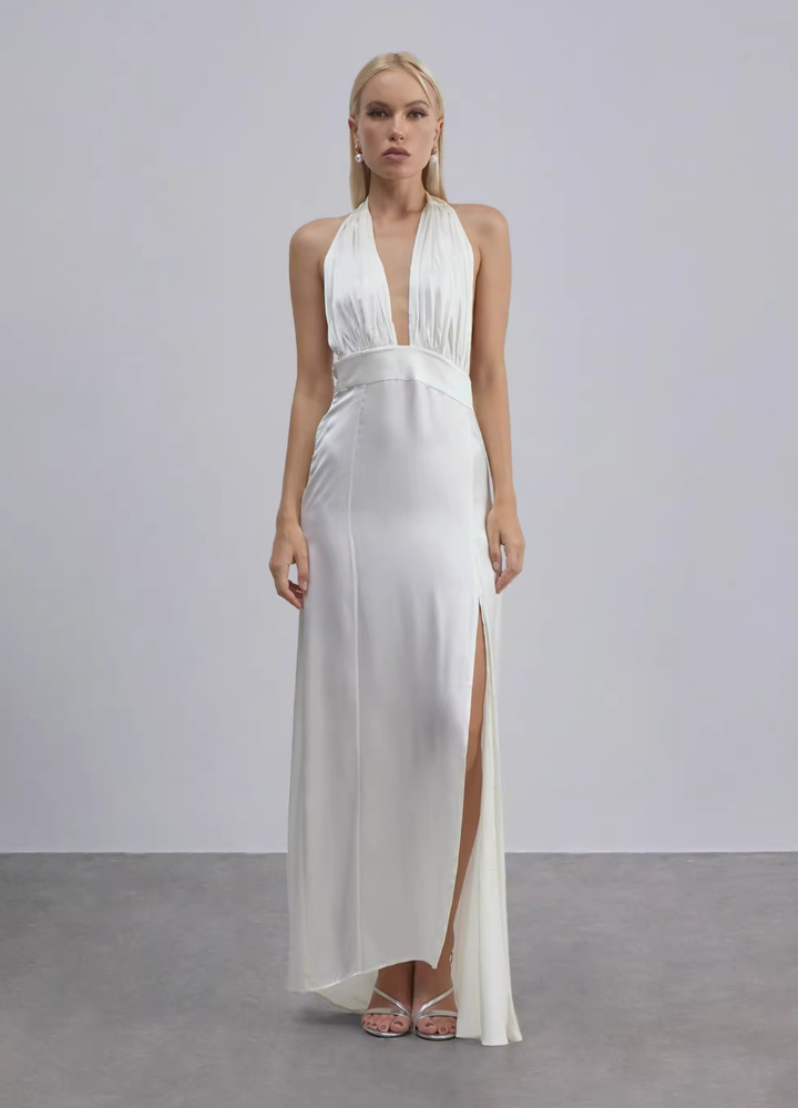 Woman Silk Backless Halter Neck Long Dress CDR033