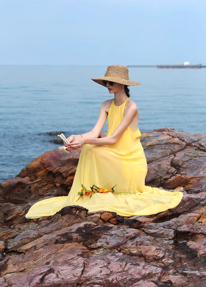 Woman Yellow Crossback Halter Neck Chiffon Dress CDR092