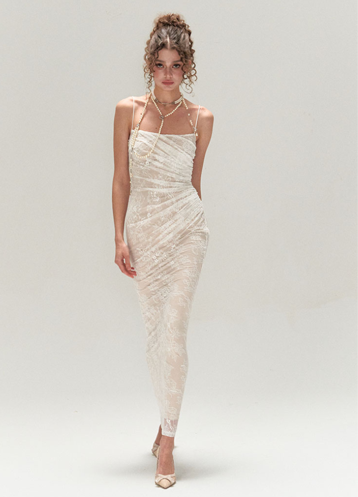 Woman White Sheer Lace Camisole Slim Long Dress CDR085