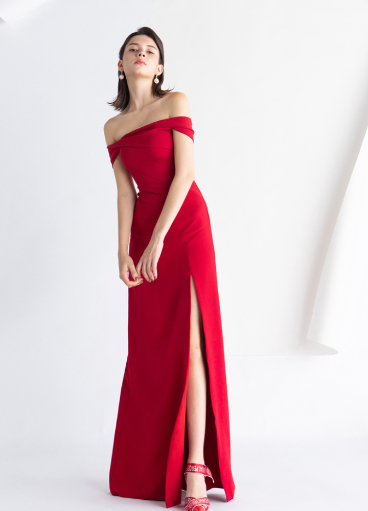 Woman Red Off Shoulder A-line Maxi Party Dress CDR070