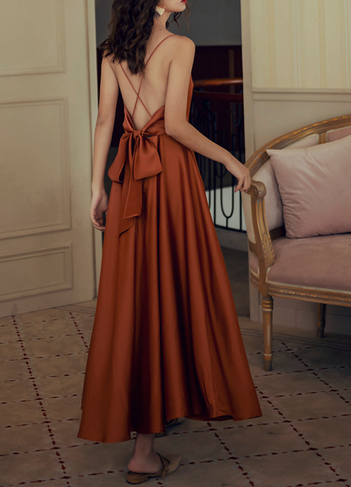 Woman Backless Waist Ribbon Camisole Flare Long Dress CDR065