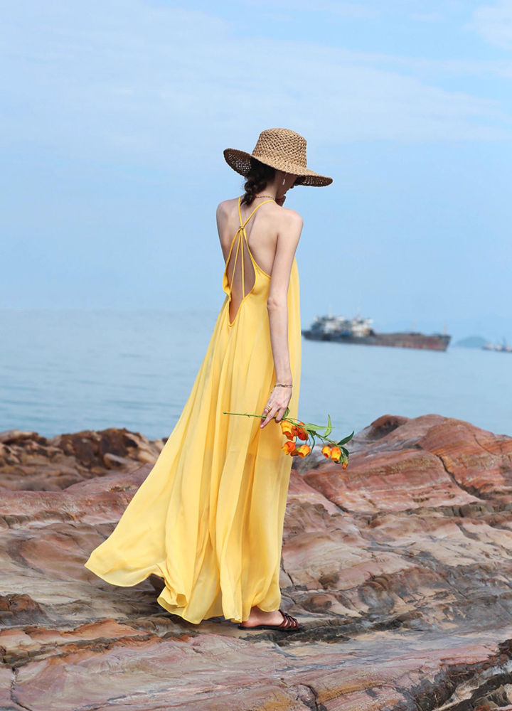Woman Yellow Crossback Halter Neck Chiffon Dress CDR092