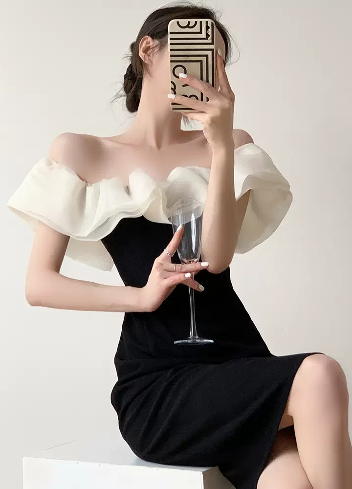 Woman Frill One Shoulder Middle Tight Dress CDR017