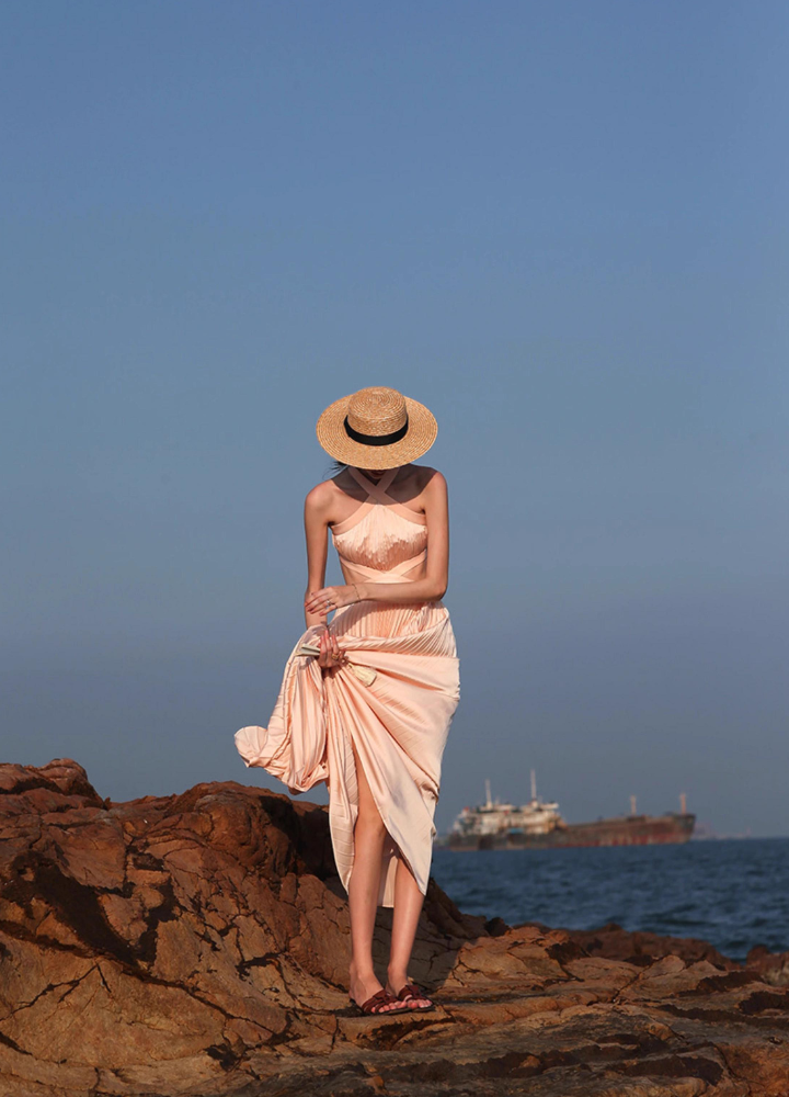 Woman Cross Halter Neck Side Slits Pleats Long Dress CDR093