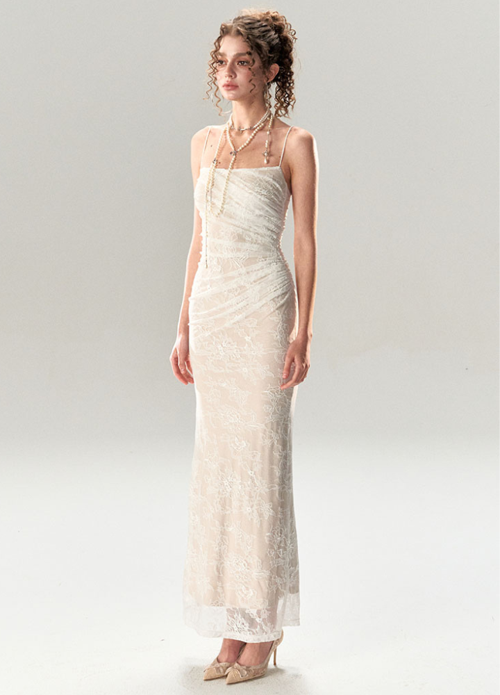 Woman White Sheer Lace Camisole Slim Long Dress CDR085