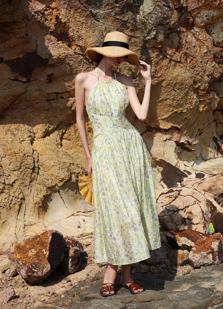 Woman Green Floral Ribbon Halter Neck Flare Dress CDR101