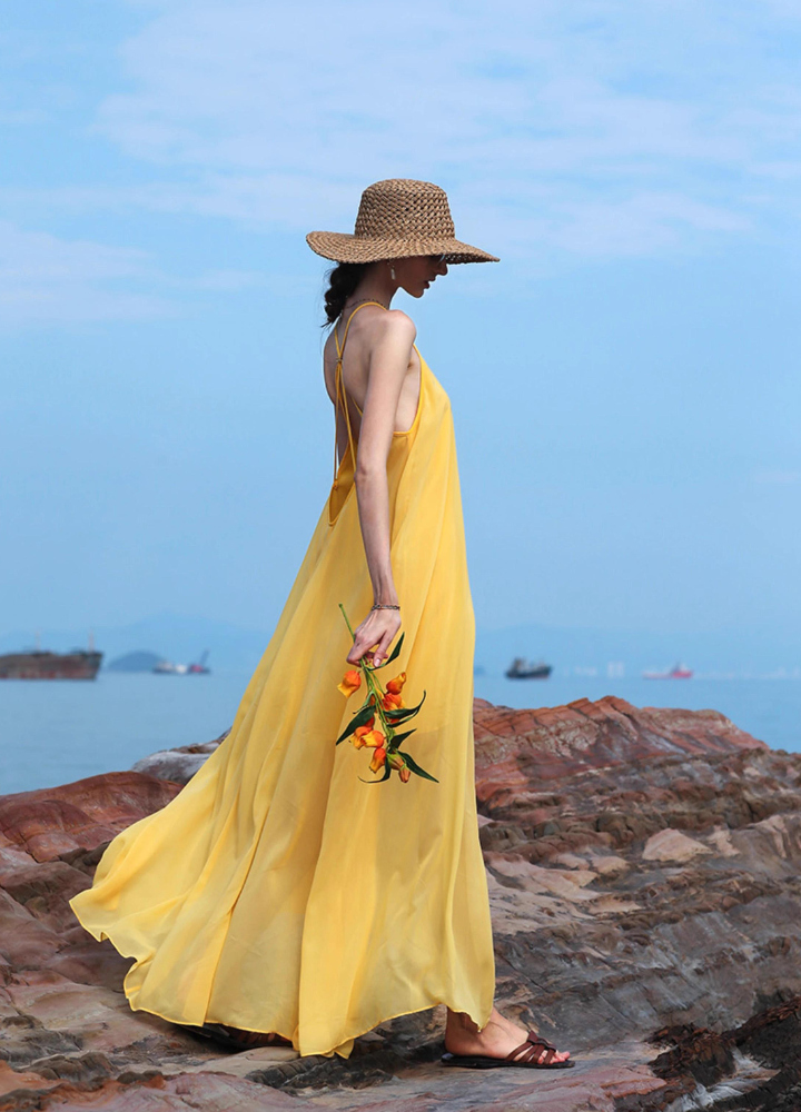 Woman Yellow Crossback Halter Neck Chiffon Dress CDR092