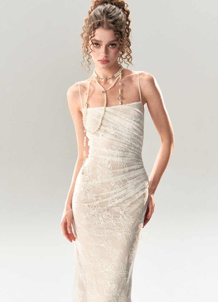 Woman White Sheer Lace Camisole Slim Long Dress CDR085