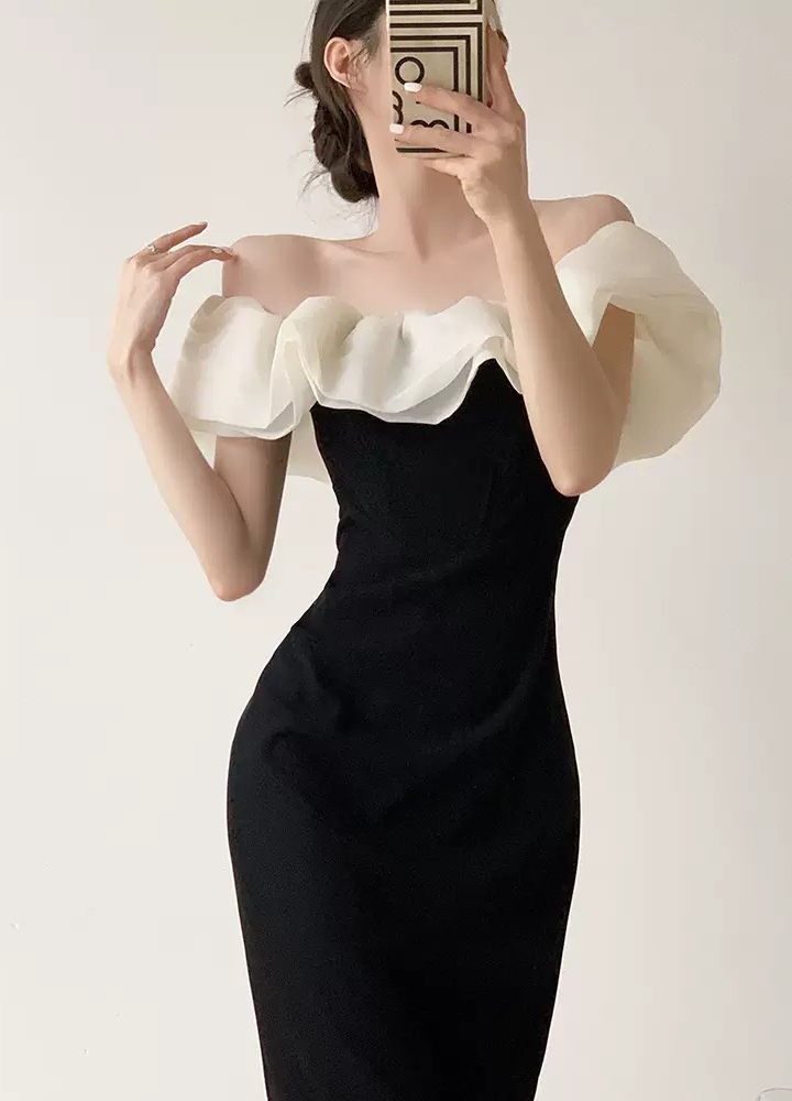 Woman Frill One Shoulder Middle Tight Dress CDR017